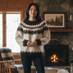 Classic Icelandic Wool Knit Womens Sweater - Black and Cream